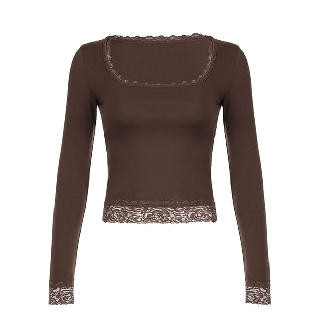 Square-Neck Lace Long-Sleeve Cropped Top
