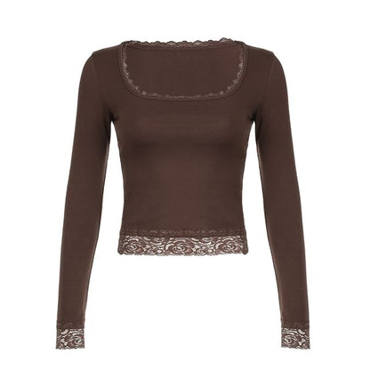 Square-Neck Lace Long-Sleeve Cropped Top