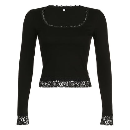 Square-Neck Lace Long-Sleeve Cropped Top