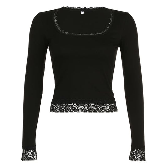 Square-Neck Lace Long-Sleeve Cropped Top
