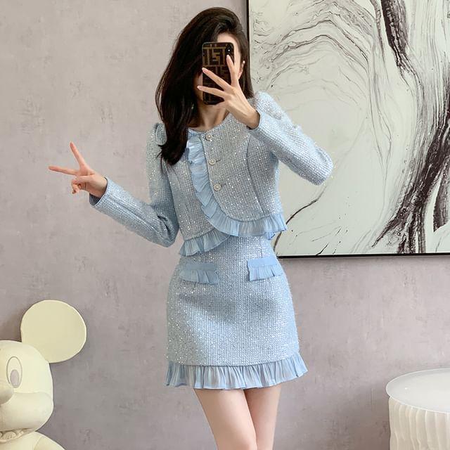 Round Neck Ruffle Tweed Button Jacket and High-Rise Mini Pencil Skirt Set