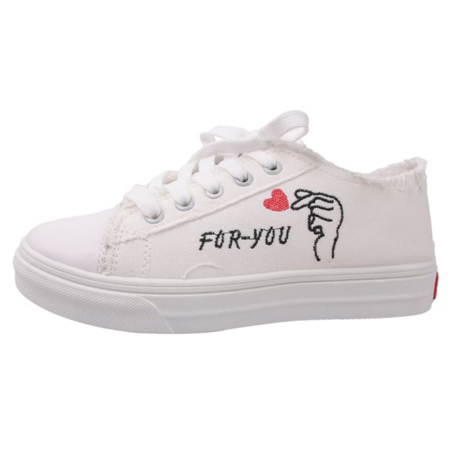 Platform Heart Embroidered Frayed Canvas Lace-Up Sneakers