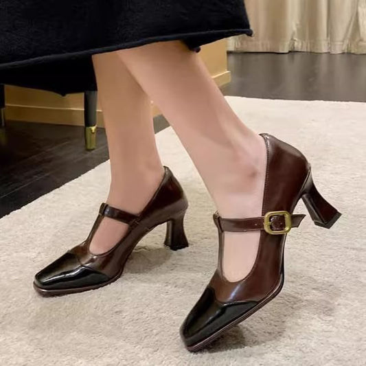 Square Cap Toe T-Strap Pumps