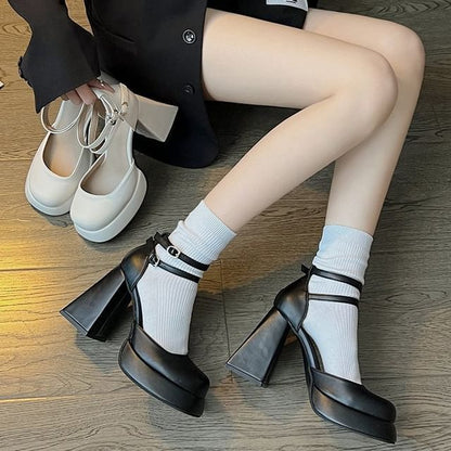 Platform Ankle Strap Block Heel Pumps