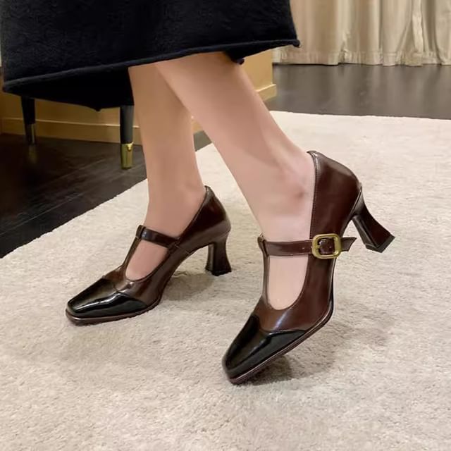 Square Cap Toe T-Strap Pumps