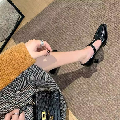 Square Cap Toe T-Strap Pumps