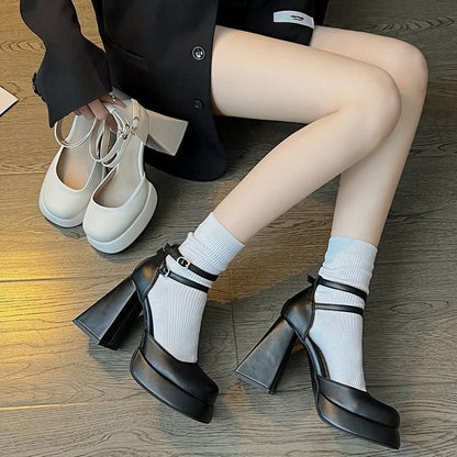 Platform Ankle Strap Block Heel Pumps