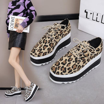 Lace-Up Print Leopard Platform Shoes