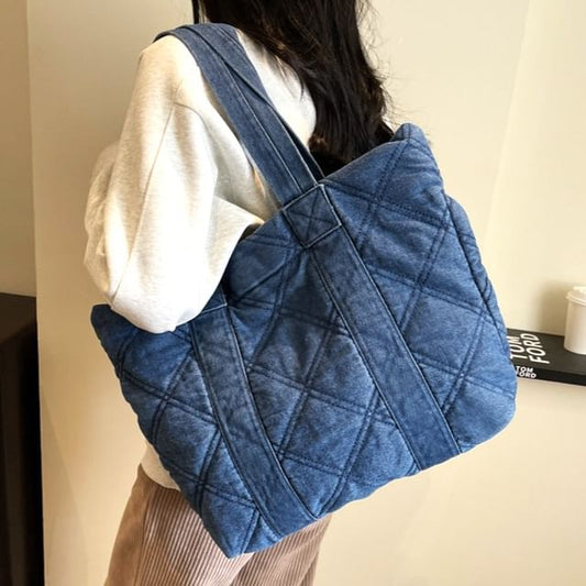 Washed Denim Puffer Tote Bag