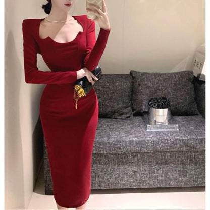 Long-Sleeve Queen Anne Neckline Plain Midi Sheath Dress