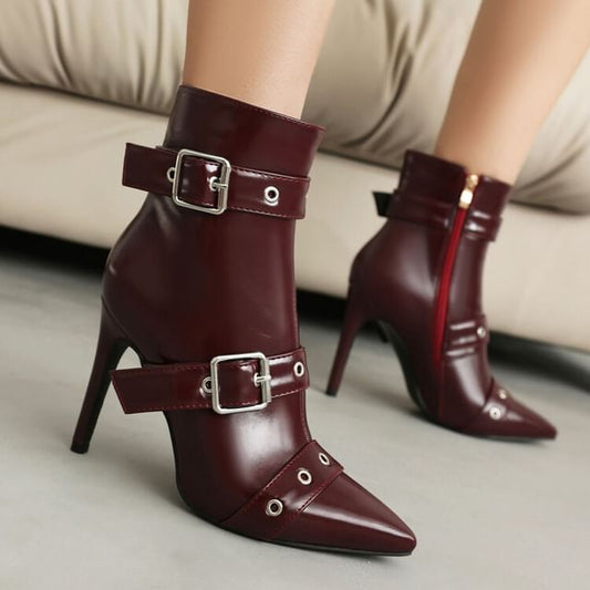 Pointed Toe Buckled High Heel Short Boots