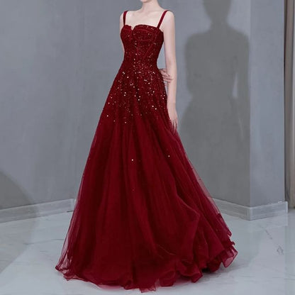 Strap Mesh Evening A-Line Sequin Spaghetti Gown Plain