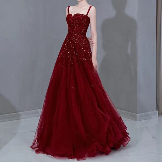 Strap Mesh Evening A-Line Sequin Spaghetti Gown Plain