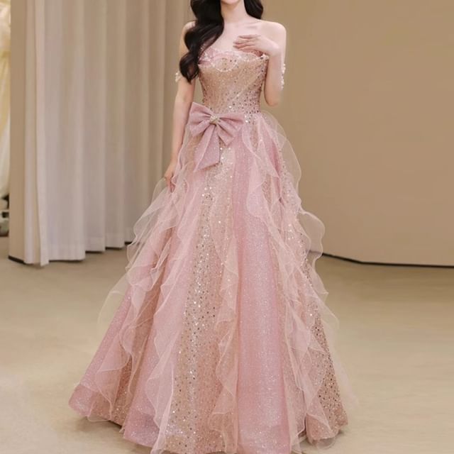 Sequin Bow Ruffle Mesh A-Line Tube Evening Gown