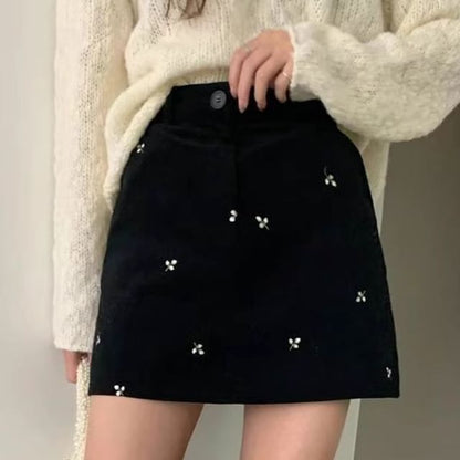 High Waist Flower Embroidered Mini Straight Skirt