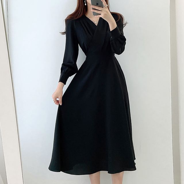 Long-Sleeve V-Neck Plain Midi A-Line Dress