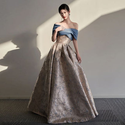 Off-Shoulder Floral Jacquard Criss Cross A-Line Evening Gown