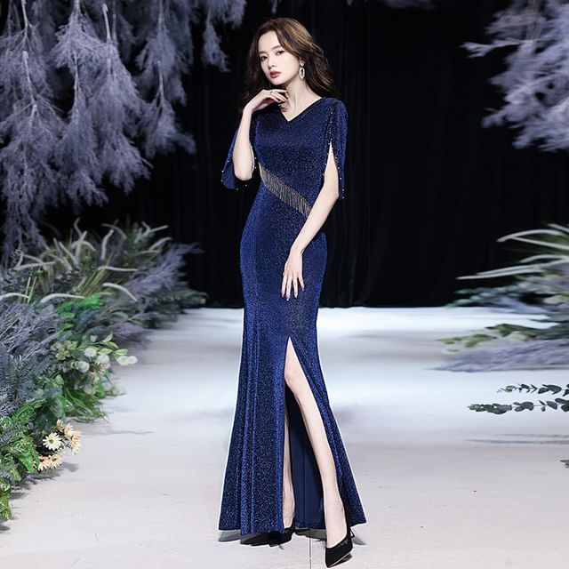 Evening Plain V-Neck Fringed Glitter Mermaid Elbow-Sleeve Gown Slit