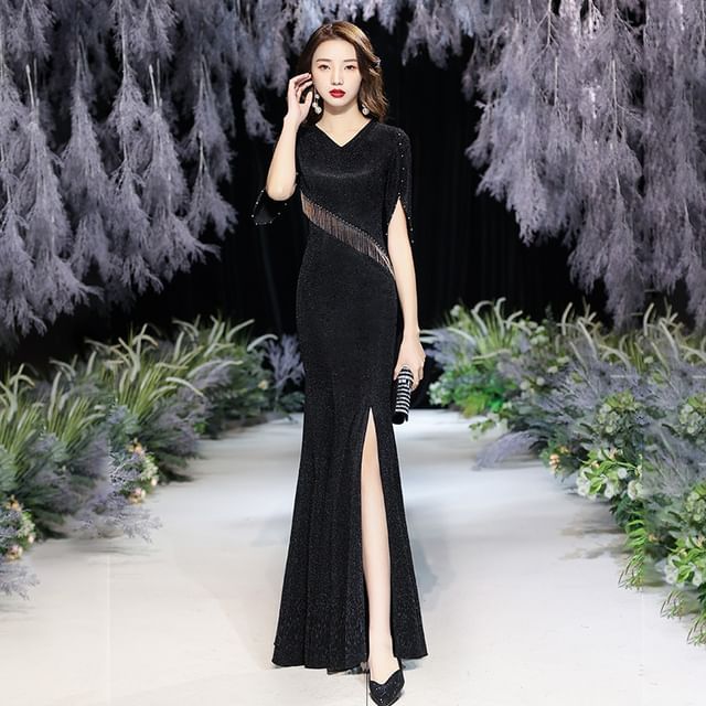 Evening Plain V-Neck Fringed Glitter Mermaid Elbow-Sleeve Gown Slit