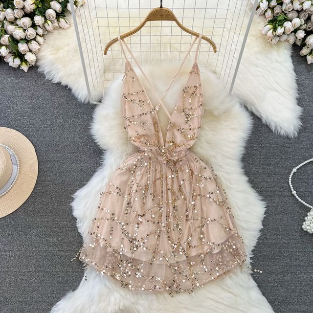 Spaghetti Strap V-Neck Sequin Open Back Mini Cocktail Dress