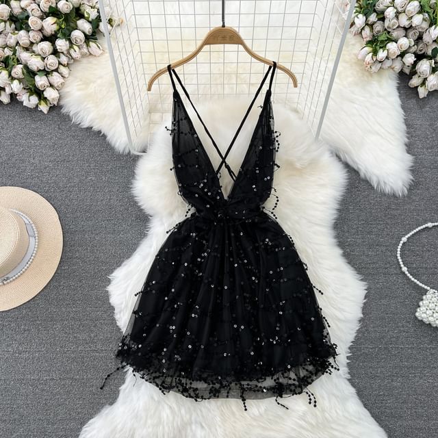 Spaghetti Strap V-Neck Sequin Open Back Mini Cocktail Dress