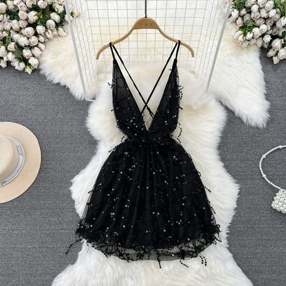 Spaghetti Strap V-Neck Sequin Open Back Mini Cocktail Dress
