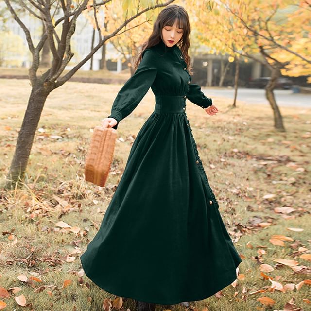 Puff-Sleeve High Neck Plain Ruffled Button-Up Midi A-Line Dress