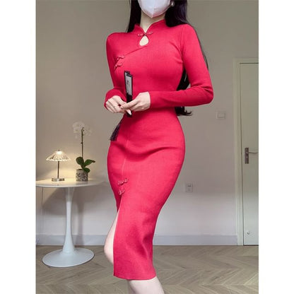 Long-Sleeve Stand Collar Plain Cutout Frog Buttoned Slit Midi Sheath Knit Qipao
