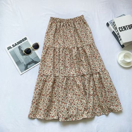 Elastic Waist Floral Tiered Corduroy Midi A-Line Skirt