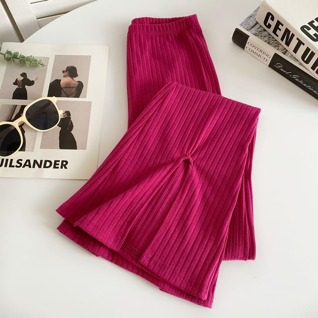 Elastic Waist Plain Slit Ribbed Flared Pants