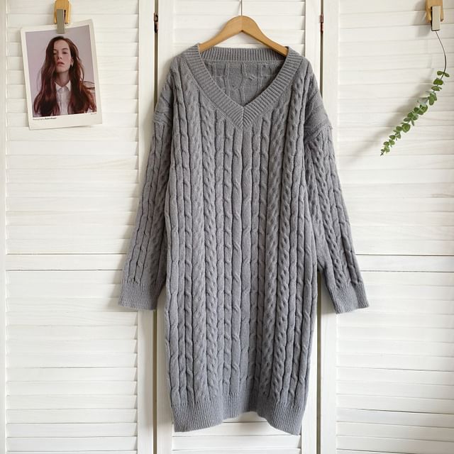 V-Neck Plain Cable Knit Sweater Dress