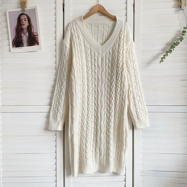 V-Neck Plain Cable Knit Sweater Dress