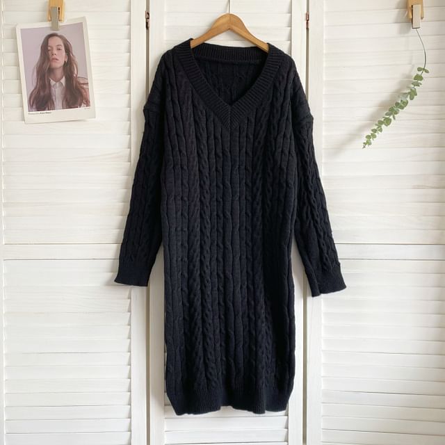 V-Neck Plain Cable Knit Sweater Dress