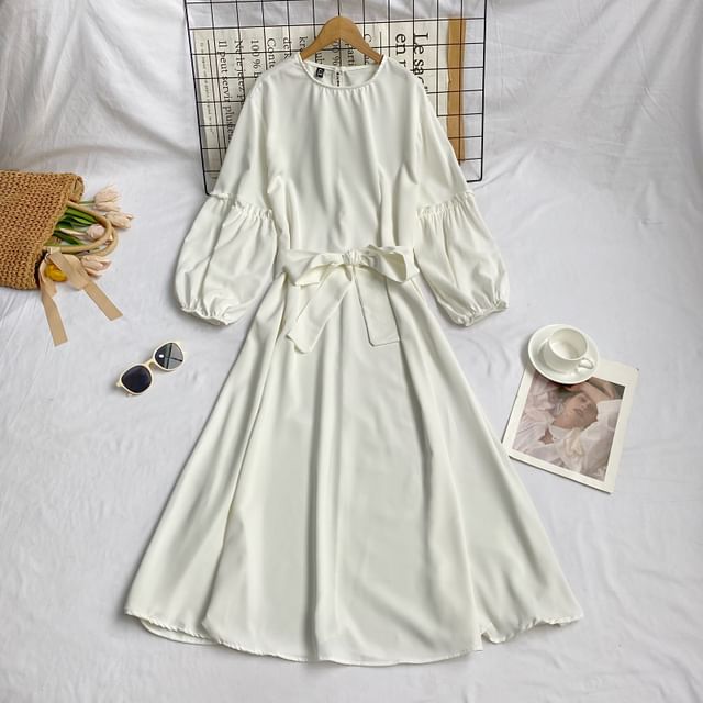 Long-Sleeve Crew Neck Plain Sashed Midi A-Line Dress