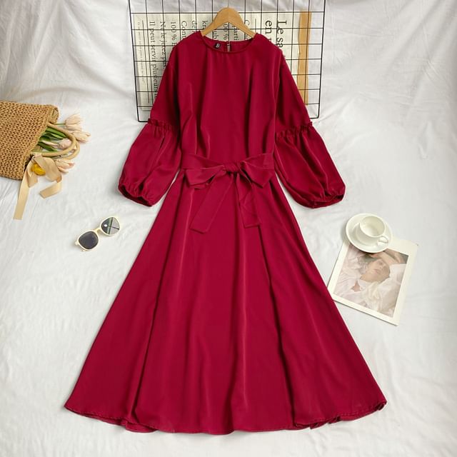 Long-Sleeve Crew Neck Plain Sashed Midi A-Line Dress