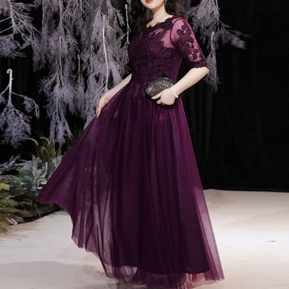 Evening Boatneck Plus Size A-Line Lace Elbow-Sleeve Gown