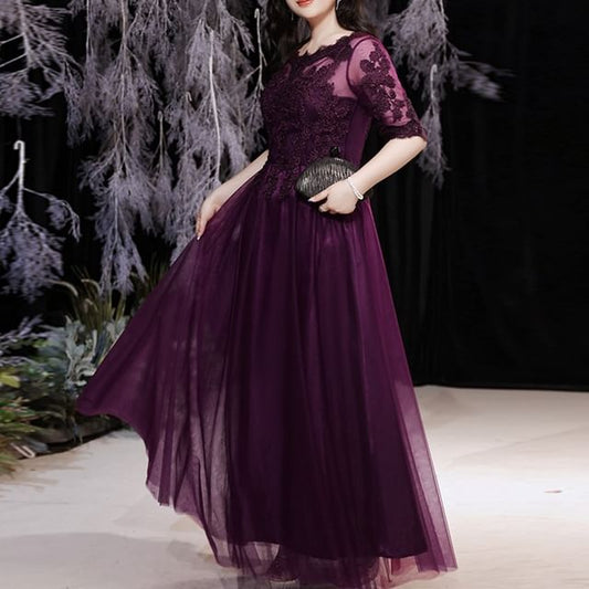 Evening Boatneck Plus Size A-Line Lace Elbow-Sleeve Gown