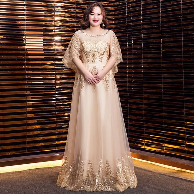 [2XL-6XL] Short-Sleeve V-Neck Shiny A-Line Evening Gown