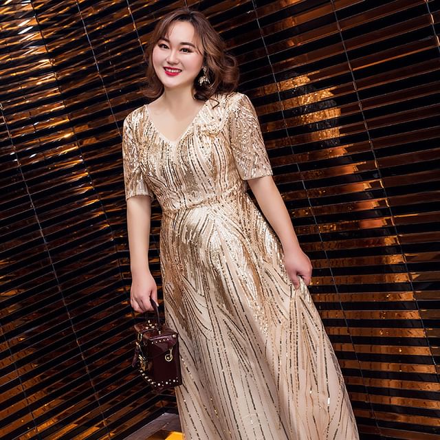 Plus A-Line Short-Sleeve Shiny Size Gown Evening V-Neck