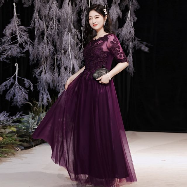 Evening Boatneck Plus Size A-Line Lace Elbow-Sleeve Gown