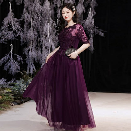 Evening Boatneck Plus Size A-Line Lace Elbow-Sleeve Gown