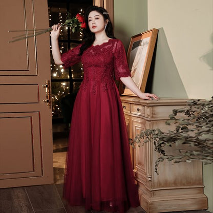 [2XL-6XL] Elbow-Sleeve Boatneck Lace A-Line Evening Gown