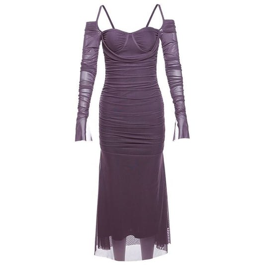 Sheath Midi Dress Cold Plain Ruched Long-Sleeve Shoulder