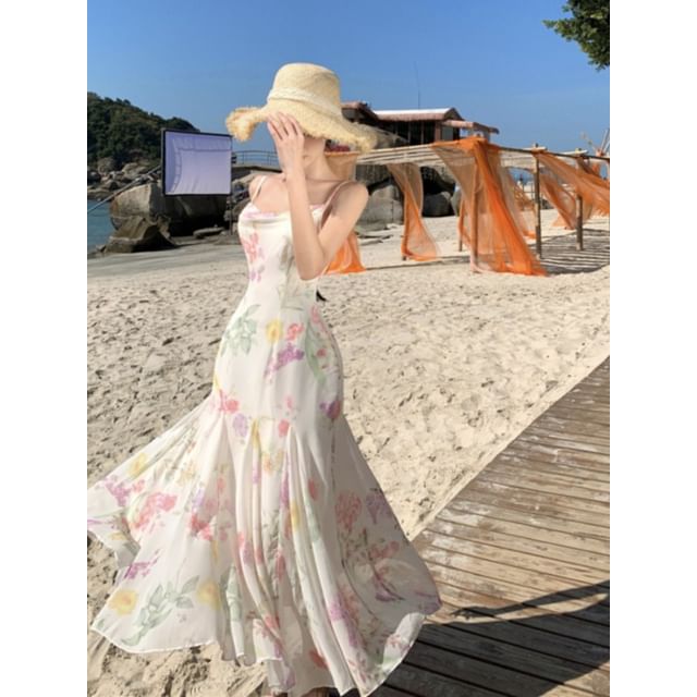 Spaghetti Strap Floral Print Maxi Sheath Dress