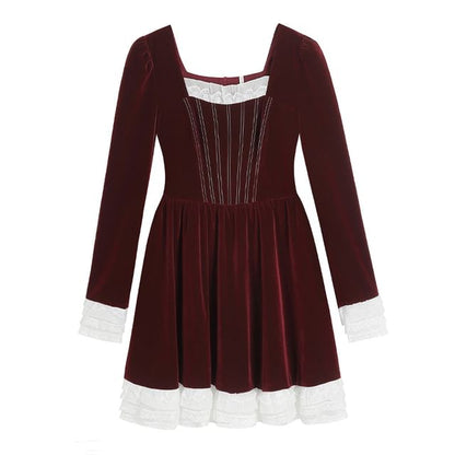 Long-Sleeve Square Neck Two Tone A-Line Dress (Various Designs)