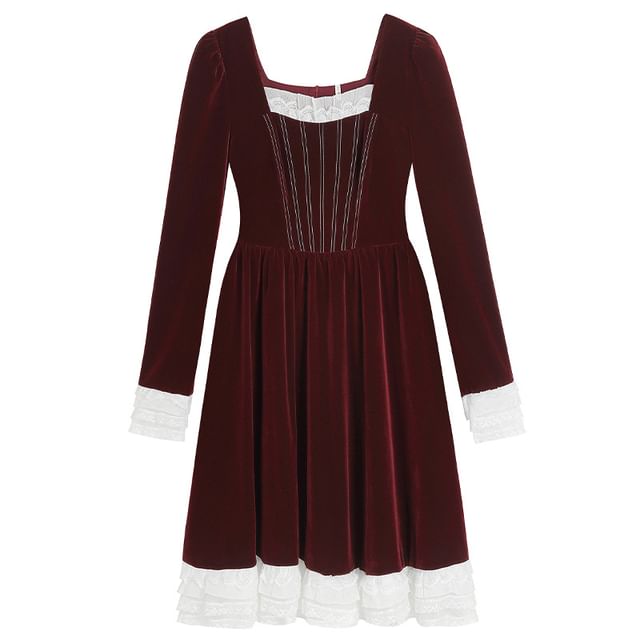 Long-Sleeve Square Neck Two Tone A-Line Dress (Various Designs)