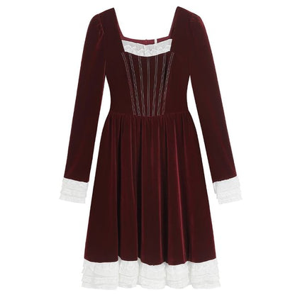 Long-Sleeve Square Neck Two Tone A-Line Dress (Various Designs)