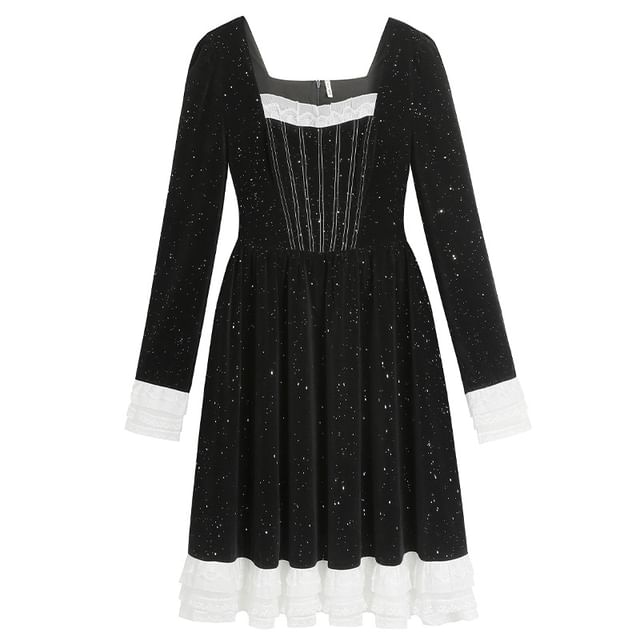 Long-Sleeve Square Neck Two Tone A-Line Dress (Various Designs)