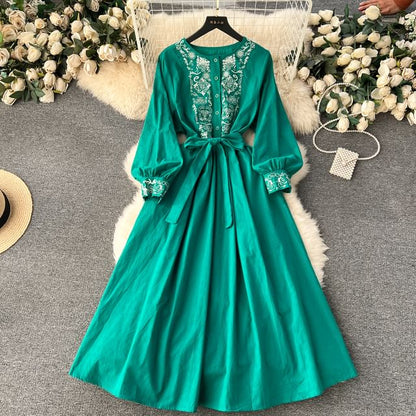 Long-Sleeve Round Neck Embroidered Button Tie-Waist Maxi A-Line Dress