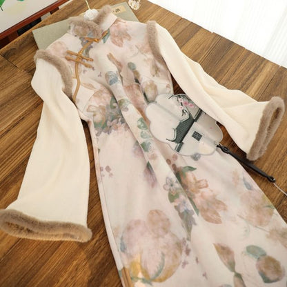 Long-Sleeve Floral Fluffy Trim Midi Qipao